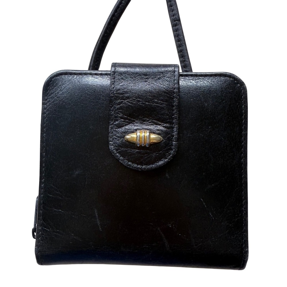 Vtg Preston York Black Leather‎ Tri Fold Wallet Clutch Strap Top Grain Leather